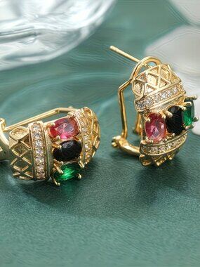 Ruby sapphire emerald and white CZ omega back gold tone earrings NEW